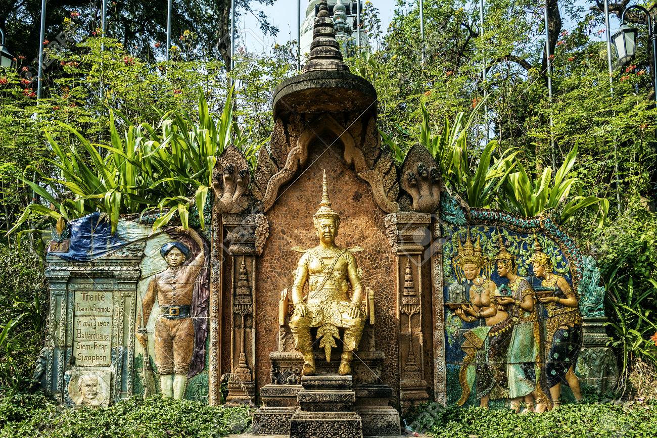 monument at wat phnom landmark temple in Phnom Penh Cambodia